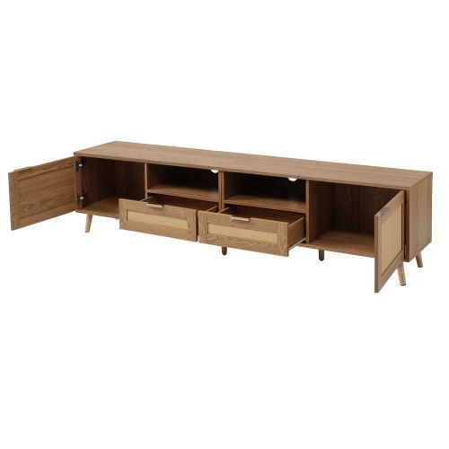 Meuble TV 200 Cm, 2 Portes En Rotin, 2 Tiroirs En Rotin, Couleur Bois