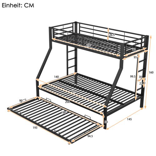 Lit Superposé 90x200 Cm Et 140x200 Cm, Avec Lit Gigogne Et Échelles, En Métal, Noir