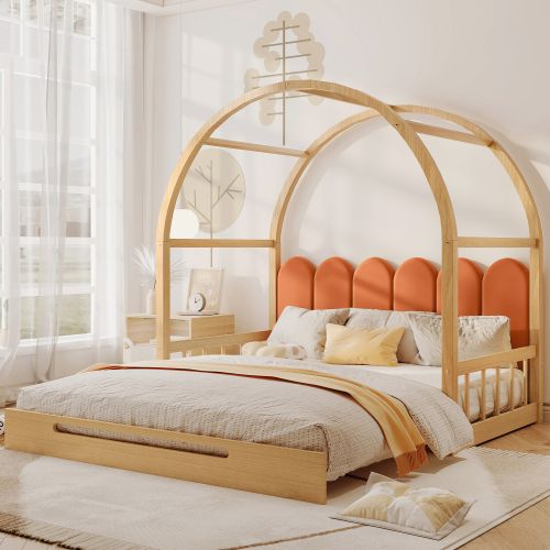 Lit Gigogne 140x100/140x200 Cm, Extensible à Toit Voûté, En Bois, Naturel Et Orange