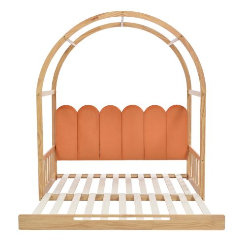 Lit Gigogne 140x100/140x200 Cm, Extensible à Toit Voûté, En Bois, Naturel Et Orange