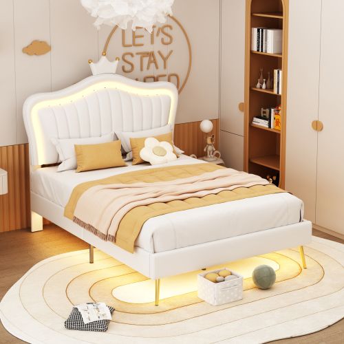 Lit Enfant 90x200 Cm, Tête De Lit Coquillage Avec LED, En Simili Cuir, Blanc