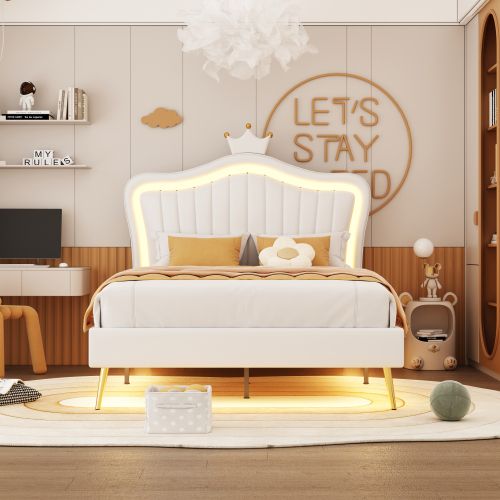 Lit Enfant 90x200 Cm, Tête De Lit Coquillage Avec LED, En Simili Cuir, Blanc