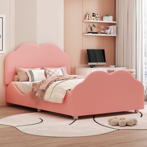 Lit Enfant 90x200 Cm Avec Garde-corps, Tête En Forme De Nuage, En Velours, Rose