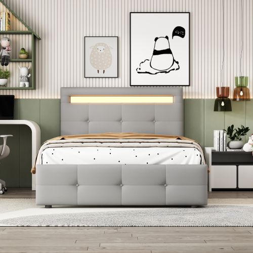 Lit Enfant 90x200 Cm Avec 2 Tiroirs Et LED, Tête De Lit Ajustable, En Tissu, Gris
