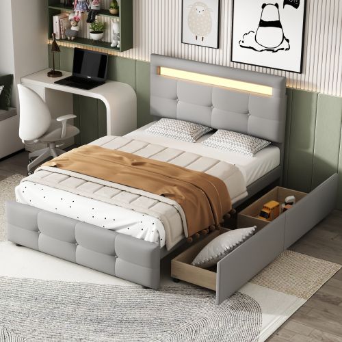 Lit Enfant 90x200 Cm Avec 2 Tiroirs Et LED, Tête De Lit Ajustable, En Tissu, Gris