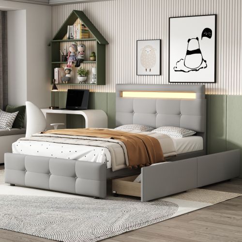 Lit Enfant 90x200 Cm Avec 2 Tiroirs Et LED, Tête De Lit Ajustable, En Tissu, Gris