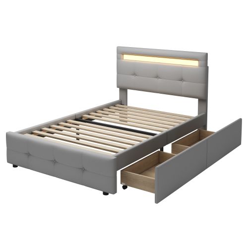 Lit Enfant 90x200 Cm Avec 2 Tiroirs Et LED, Tête De Lit Ajustable, En Tissu, Gris