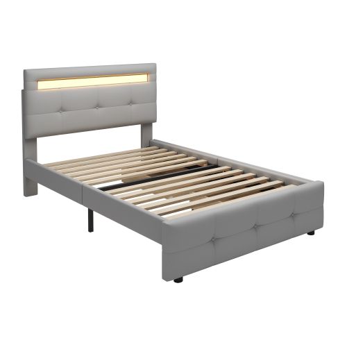 Lit Enfant 90x200 Cm Avec 2 Tiroirs Et LED, Tête De Lit Ajustable, En Tissu, Gris