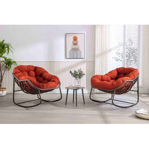 Fauteuil à Bascule En Rotin Synthétique Tressé, Structure Acier, Coussin, Orange