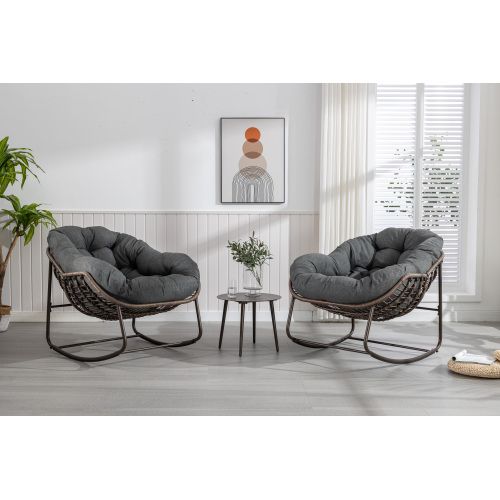 Fauteuil à Bascule En Rotin Tressé, Coussin Épais 15 Cm, Cadre Acier, Gris