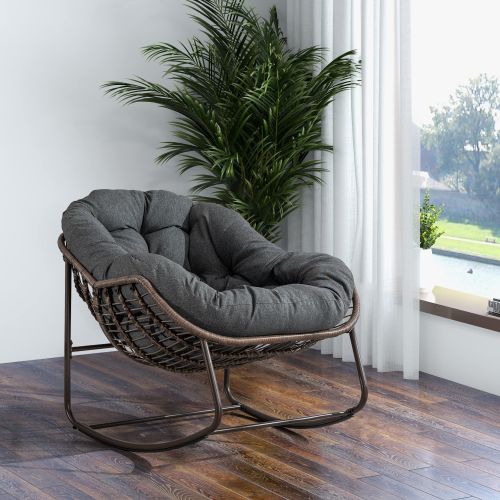 Fauteuil à Bascule En Rotin Tressé, Coussin Épais 15 Cm, Cadre Acier, Gris
