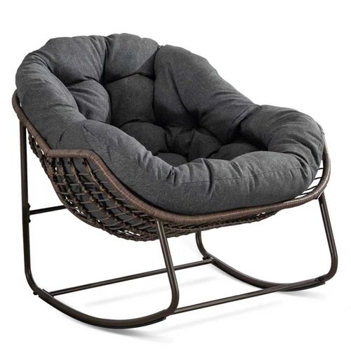 Fauteuil à Bascule En Rotin Tressé, Coussin Épais 15 Cm, Cadre Acier, Gris