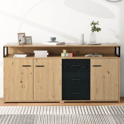 Buffet 150x35x75.9 Cm, 3 Portes 3 Tiroirs, Noir Et Bois