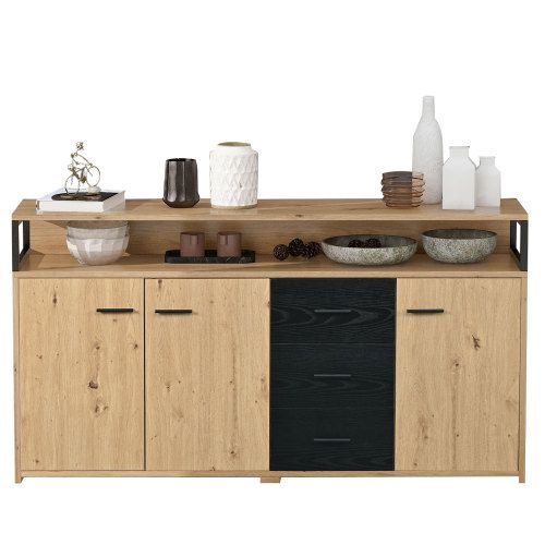 Buffet 150x35x75.9 Cm, 3 Portes 3 Tiroirs, Noir Et Bois