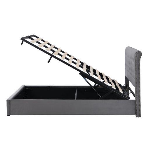 Lit Coffre Adulte 180x200 Cm Avec Tête De Lit Capitonnée, Avec Lattes, En Velours, Gris