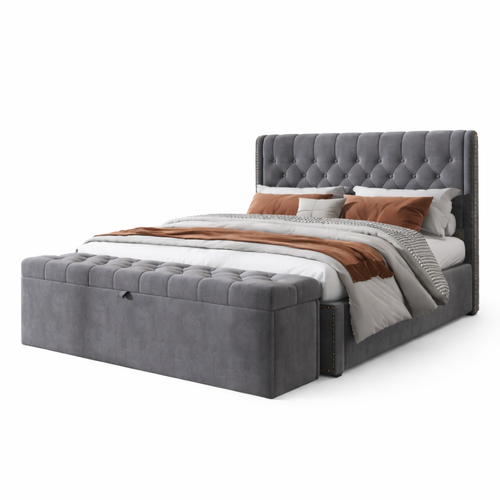 Lit Coffre 140x200 Cm, Avec Sommier à Lattes Et Pouf Coffre, Avec Tête De Lit, En Velours, Gris