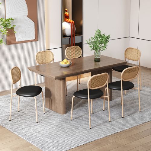Lot De 4 Chaises De Salle à Manger, Dossier Ovale En Rotin Naturel, Assise En Pu, Noir Et Marron