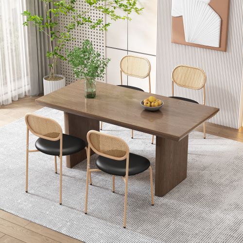 Lot De 4 Chaises De Salle à Manger, Dossier Ovale En Rotin Naturel, Assise En Pu, Noir Et Marron