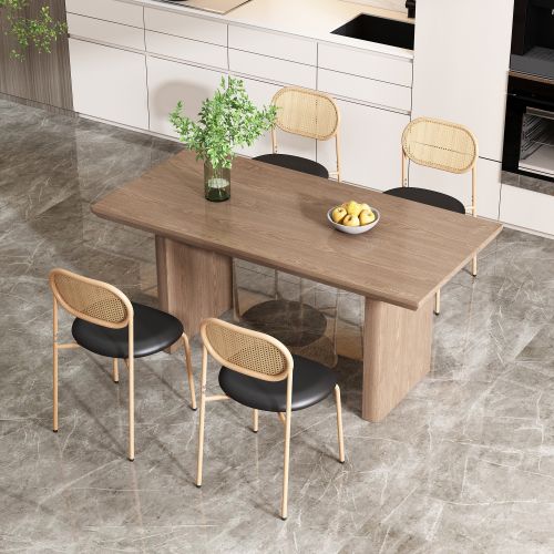 Lot De 4 Chaises De Salle à Manger, Dossier Ovale En Rotin Naturel, Assise En Pu, Noir Et Marron