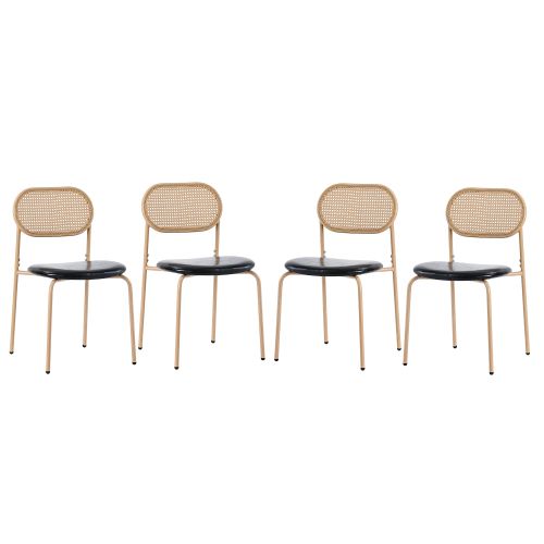 Lot De 4 Chaises De Salle à Manger, Dossier Ovale En Rotin Naturel, Assise En Pu, Noir Et Marron