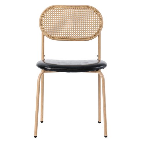Lot De 4 Chaises De Salle à Manger, Dossier Ovale En Rotin Naturel, Assise En Pu, Noir Et Marron