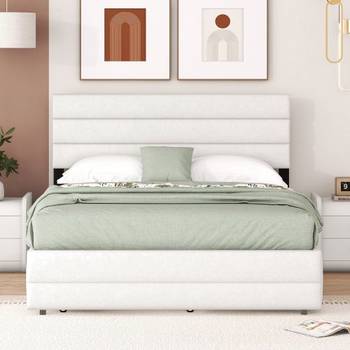 Lit Adulte 140x200 Cm Avec Lit Gigogne 90x190 Cm, 2 Tiroirs, En Lin, Beige