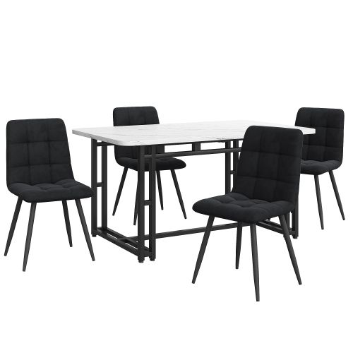 Ensemble Table Et Chaises, Table à Manger Avec Pieds Métal Noir Et 4 Chaises En Velours Noir