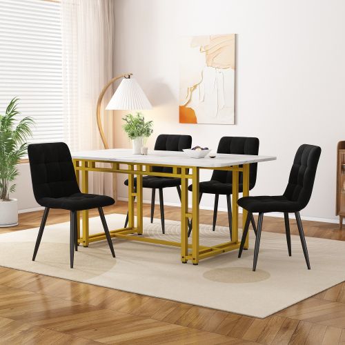 Ensemble Table Et Chaises, Table à Manger 120 Cm Avec Pieds Métal Doré Et 4 Chaises En Velours Noir