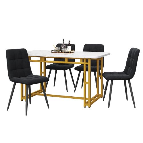 Ensemble Table Et Chaises, Table à Manger 120 Cm Avec Pieds Métal Doré Et 4 Chaises En Velours Noir