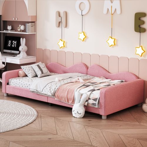Lit Enfant 90x200 Cm, Transformable En Banquette, Avec Tête De Lit Et Lattes, En Tissu, Rose