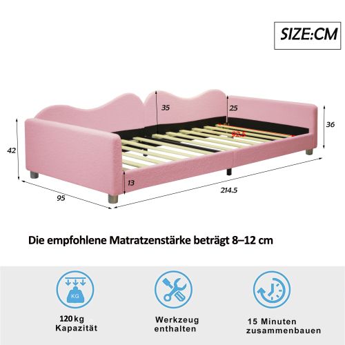 Lit Enfant 90x200 Cm, Transformable En Banquette, Avec Tête De Lit Et Lattes, En Tissu, Rose