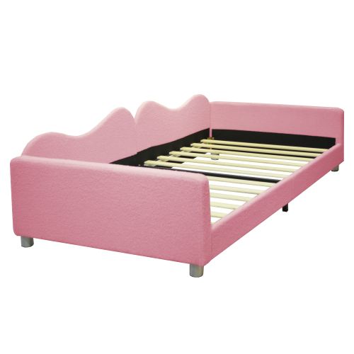 Lit Enfant 90x200 Cm, Transformable En Banquette, Avec Tête De Lit Et Lattes, En Tissu, Rose