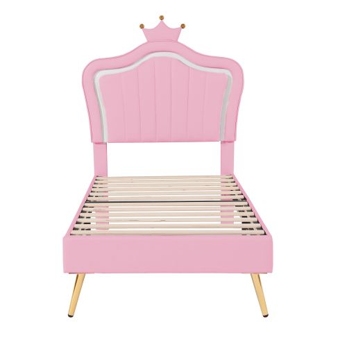 Lit Enfant 90x200 Cm, Tête Coquille à Couronne Et LED, Avec Lattes, En Simili Cuir, Rose