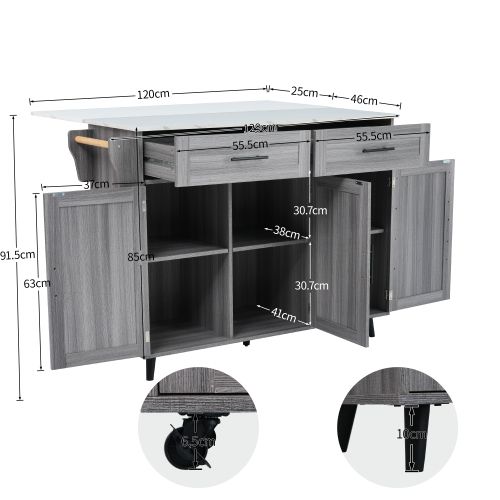 Desserte De Cuisine à Roulettes Avec 2 Tiroirs Et Porte-serviettes, En Mdf, Gris Et Blanc