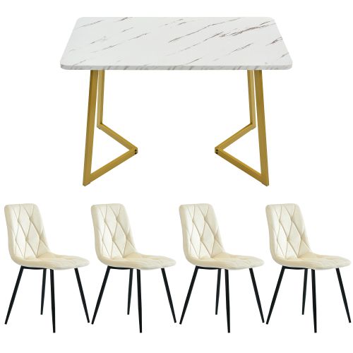 Ensemble Table Et Chaises, Table à Manger Avec Pieds Dorés Et 4 Chaises En Velours Beige