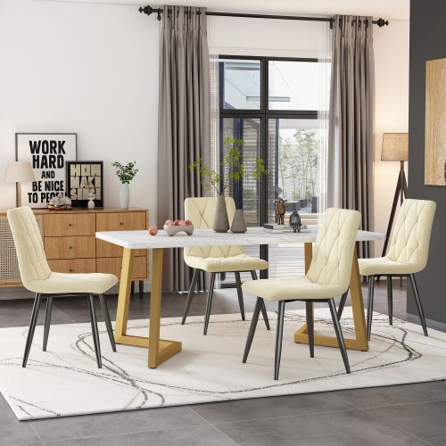 Ensemble Table Et Chaises, Table à Manger Avec Pieds Dorés Et 4 Chaises En Velours Beige