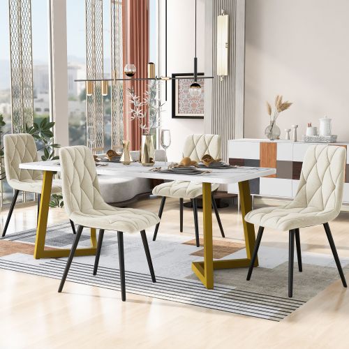 Ensemble Table Et Chaises, Table à Manger Avec Pieds Dorés Et 4 Chaises En Velours Beige