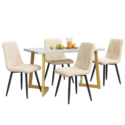 Ensemble Table Et Chaises, Table à Manger Avec Pieds Dorés Et 4 Chaises En Velours Beige