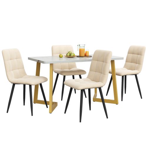 Ensemble Table Et Chaises, Table à Manger Avec Pieds Métal Doré Et 4 Chaises En Velours Beige