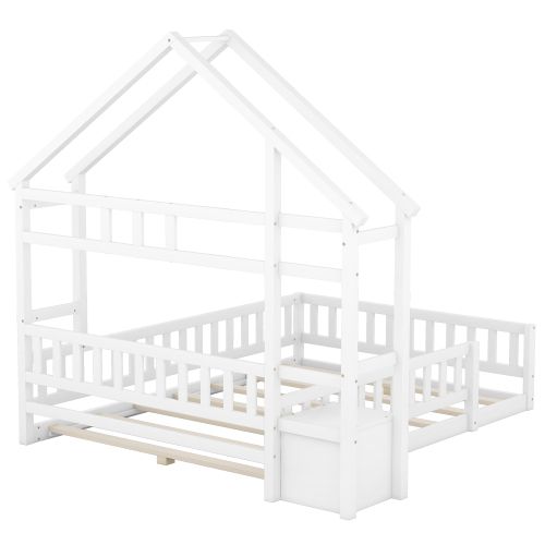 Lit Cabane Enfant 140x200 Cm, Avec Table De Chevet Et Tête De Lit, En Bois, Blanc