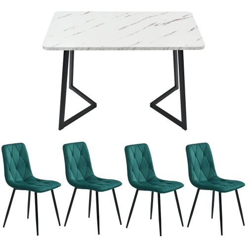 Ensemble Table Et Chaises, Table à Manger 117 Cm Avec Pieds Métal Noir Et 4 Chaises En Velours Vert