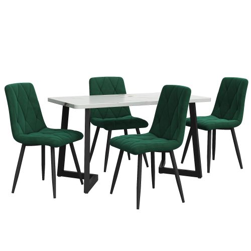 Ensemble Table Et Chaises, Table à Manger 117 Cm Avec Pieds Métal Noir Et 4 Chaises En Velours Vert