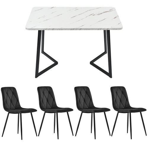 Ensemble Table Et Chaises, Table à Manger 117 Cm Avec Pieds Métal Noir Et 4 Chaises En Velours Noir
