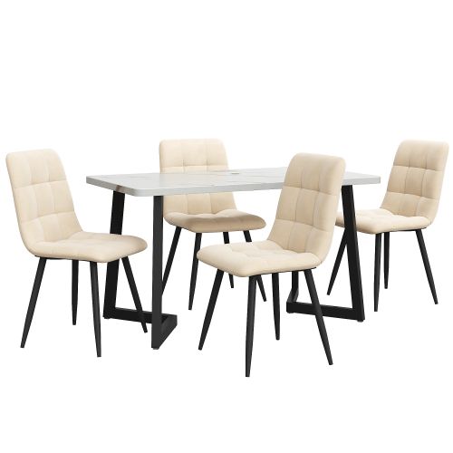 Ensemble Table Et Chaises, Table à Manger 117 Cm Avec Pieds Métal Noir Et 4 Chaises En Velours Beige