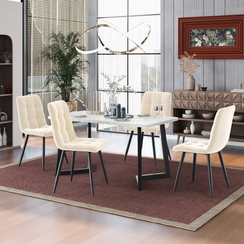 Ensemble Table Et Chaises, Table à Manger 117 Cm Avec Pieds Métal Noir Et 4 Chaises En Velours Beige