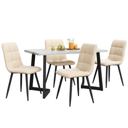 Ensemble Table Et Chaises, Table à Manger 117 Cm Avec Pieds Métal Noir Et 4 Chaises En Velours Beige