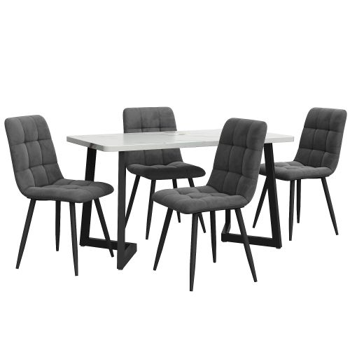 Ensemble Table Et Chaises, Table à Manger 117 Cm Avec Pieds Métal Noir Et 4 Chaises En Velours Gris