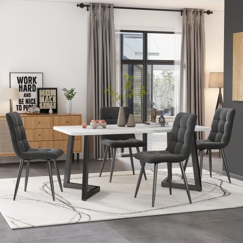 Ensemble Table Et Chaises, Table à Manger 117 Cm Avec Pieds Métal Noir Et 4 Chaises En Velours Gris