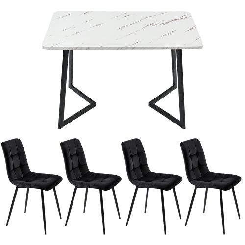 Ensemble Table Et Chaises, Table à Manger Avec Pieds Métal Noir Et 4 Chaises En Velours Noir