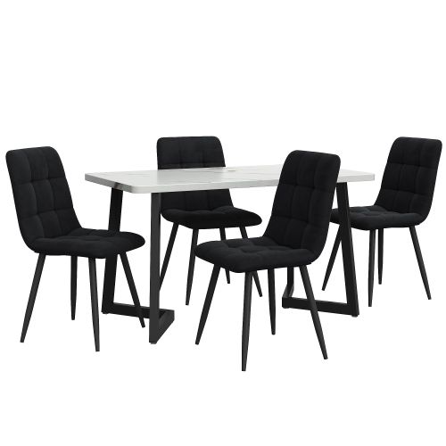 Ensemble Table Et Chaises, Table à Manger Avec Pieds Métal Noir Et 4 Chaises En Velours Noir